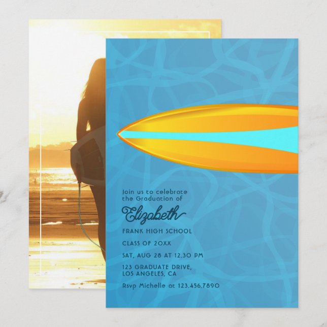 Turkos och Gult Surfer Beach Studenten Bash Inbjudningar (Fram/baksida)