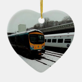 Turkos och gult tåg julgransprydnad keramik