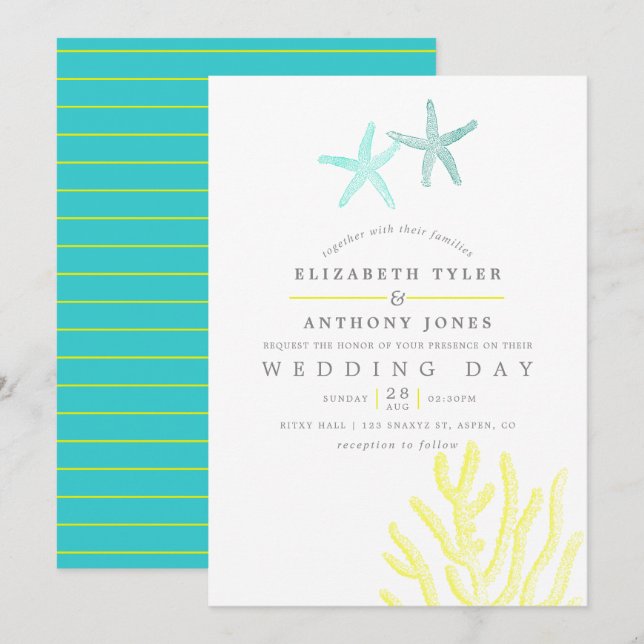 Turkos och Gult temat Beach Wedding Inbjudningar (Fram/baksida)
