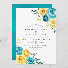 Turkos och Gult Vattenfärgen Blommigt Bröllop Inbjudningar