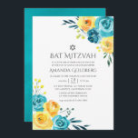 Turkos- och Gultens Blommigt Bat mitzvah Inbjudningar<br><div class="desc">Turkos och gult - bat mitzvah inbjudan till teal och citron- blommigt med korallaccenter med kvarellblommor och bladverk.</div>