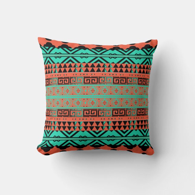 Turkos och koral Aztec Inspired Pillow Kudde (Framsida)