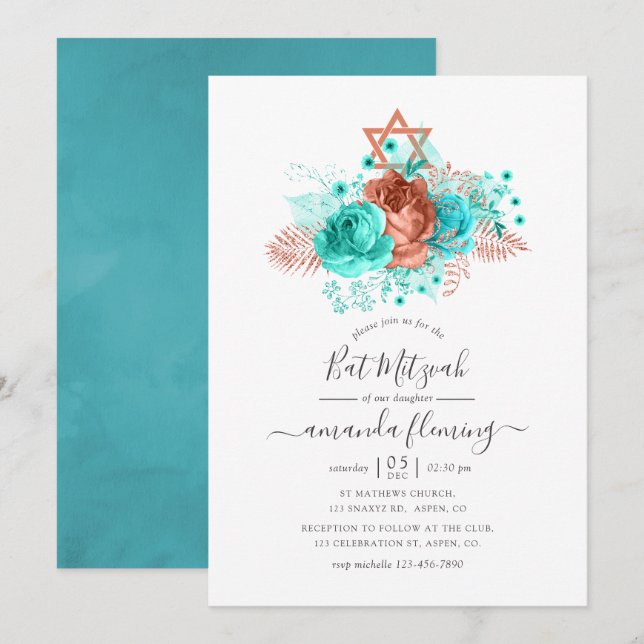 Turkos och koral vattenfärg Bat mitzvah Inbjudningar (Fram/baksida)