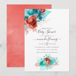 Turkos och korall akvarell blommande baby shower inbjudningar