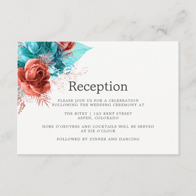 Turkos och korall akvarell bröllopsmottagning tilläggskort (Framsida)