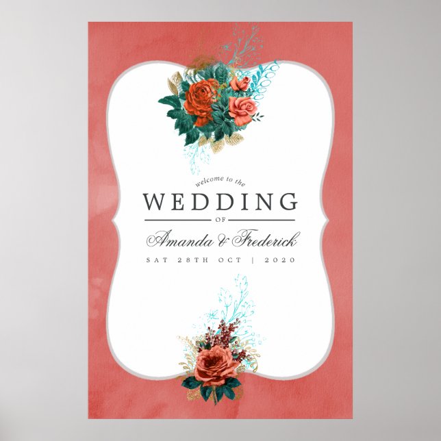 Turkos och korall blommande bröllop välkommen poster (Framsidan)