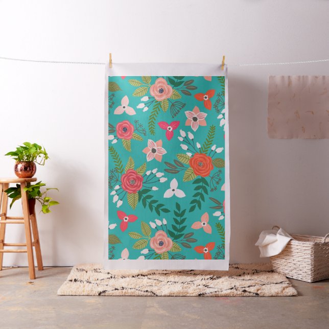 Turkos och korall blomster mönster tyg (In Situ)