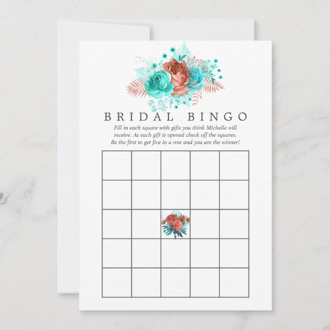 Turkos och korall tropiskt blommande bröllopsbingo (Framsida)