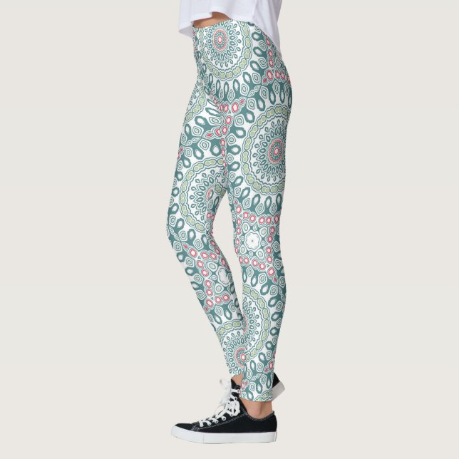 Turkos och korallfärgad mandalamönsterdesign leggings (Vänster)