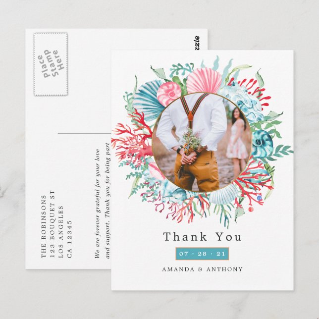 Turkos och korallfärgad sommarstrand bröllopskort vykort (Fram/baksida)