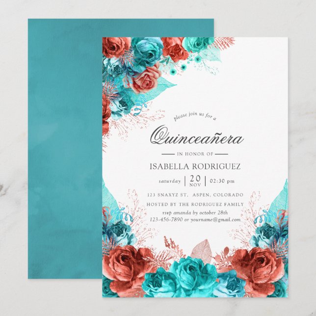 Turkos och korallrustik blomster-quinceañera inbjudningar (Fram/baksida)