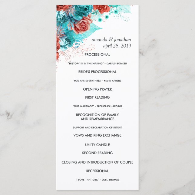 Turkos och korallrustik blomsterbröllop program (Framsida)
