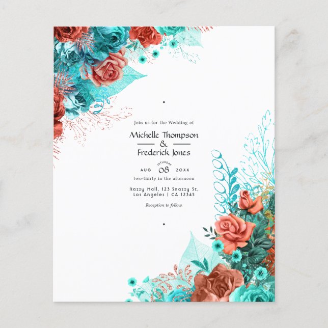 Turkos och korallrustikalt blommig bröllopsinbjuda flygblad (Framsidan)