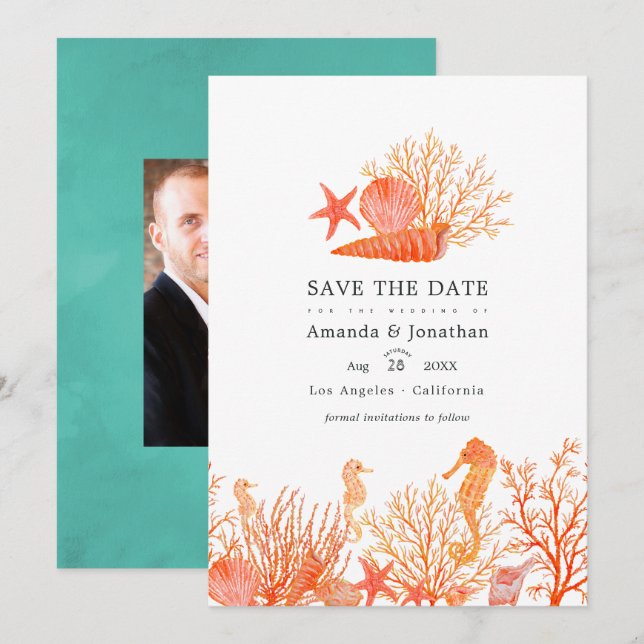 Turkos och korallstrand bröllopsfoto spara datumet (Fram/baksida)