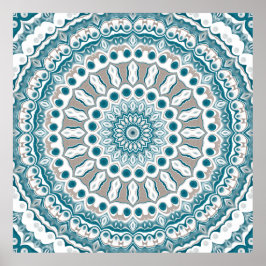 Turkos och krämfärgad strålande mandala-design poster
