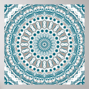 Turkos och krämfärgad strålande mandala-design poster