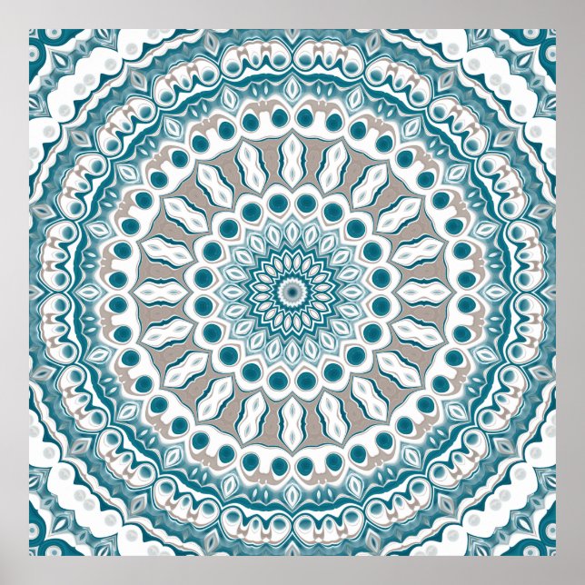 Turkos och krämfärgad strålande mandala-design poster (Framsidan)