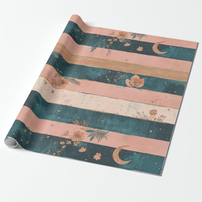 Turkos och lera Celestial Stripe med Tribaldetalje Presentpapper (Utrullad)