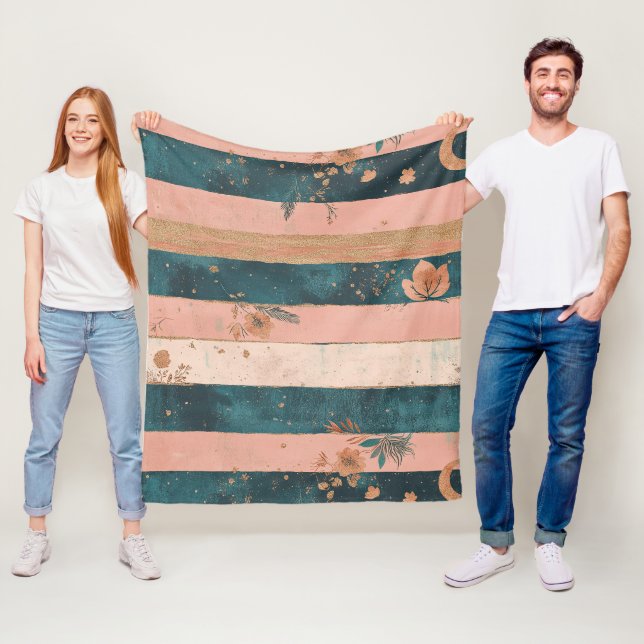 Turkos och lera himmelsk rand med stammotiver fleecefilt (På plats)