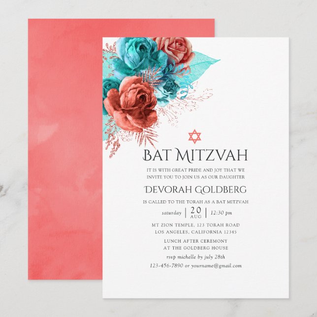 Turkos och Levande Korall Blommig Bat Mitzvah Inbjudningar (Fram/baksida)