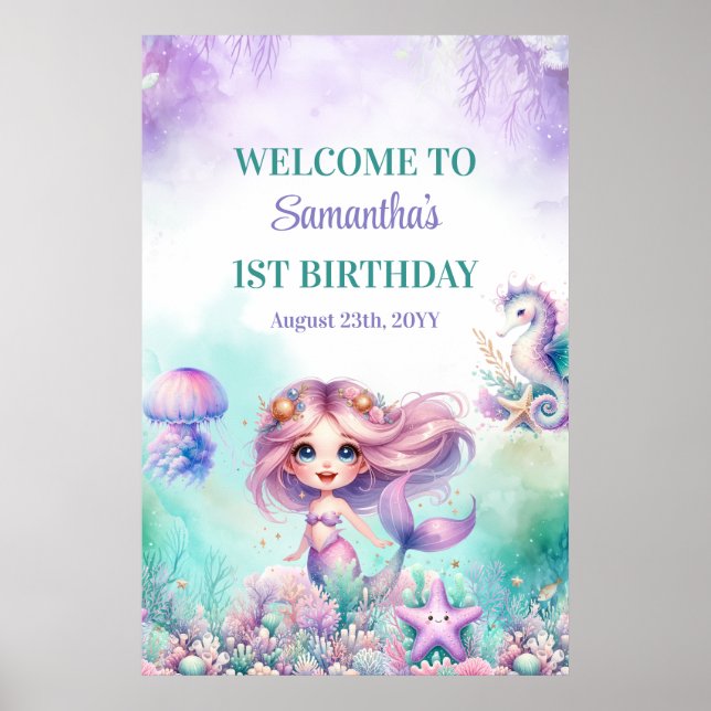 Turkos och lila havfrue 1-års välkomstfirande poster (Framsidan)