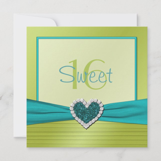 Turkos och Lime Glitter Heart Sweet sixteen Inbjudningar (Framsida)
