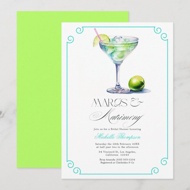 Turkos och Lime Margs & Matrimony Bröllopsfest Inbjudningar (Fram/baksida)