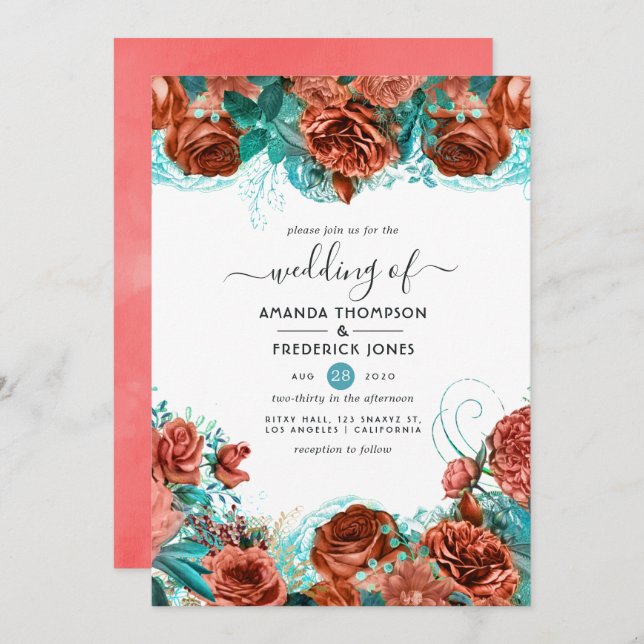 Turkos och Living Coral Rustic Blommigt Bröllop Inbjudningar (Fram/baksida)