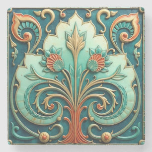 Turkos och Orange Blommigt Ornament Stone Underläg Stenunderlägg