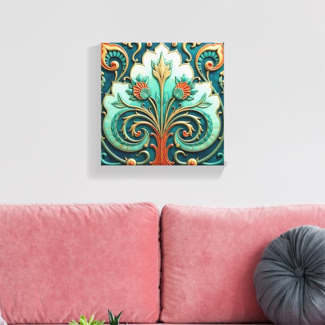 Turkos och orange blomsterornament canvastryck (Insitu (Vardagsrum))