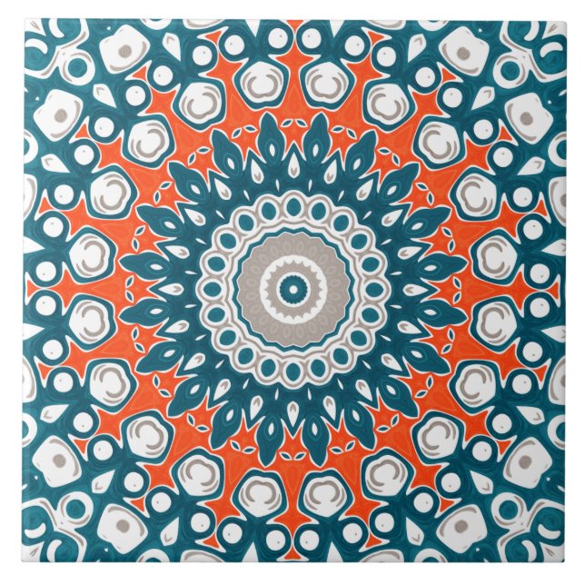 Turkos och orange dekorativ mandala kakelplatta (Framsidan)