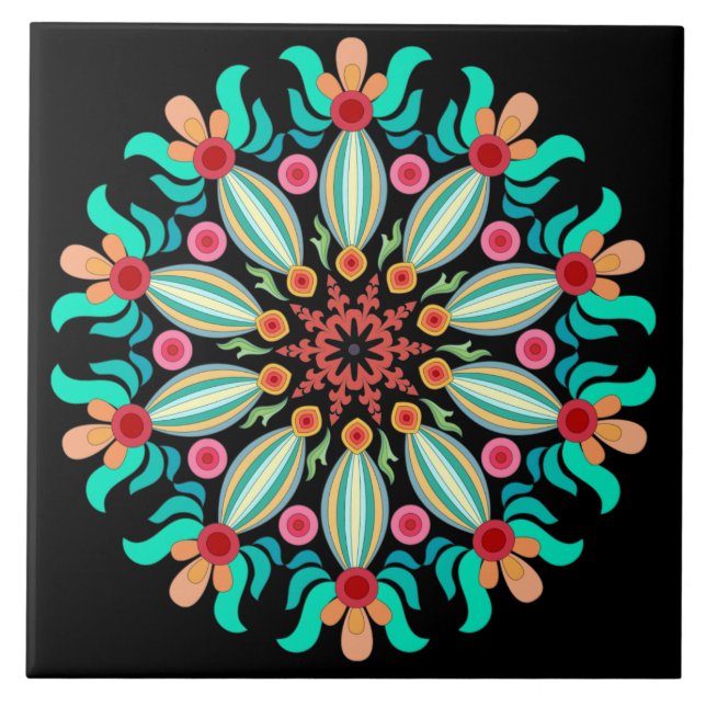 Turkos och Orange Mandala Kakelplatta (Framsidan)