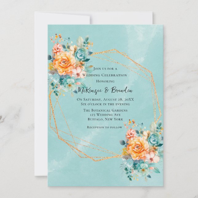 Turkos och Orange Peony Bröllop Inbjudningar (Framsida)
