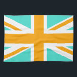 Turkos och orange Union Jack Kökshandduk<br><div class="desc">Turkos och orangea korsmönster på Union Jack.</div>
