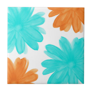 Turkos- och Orange vattenfärgsblommor Kakelplatta