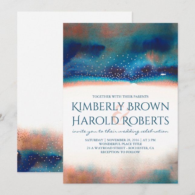 Turkos och Peach Modern Watercolor Bröllop Inbjudningar (Fram/baksida)