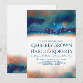 Turkos och Peach Modern Watercolor Bröllop Inbjudningar