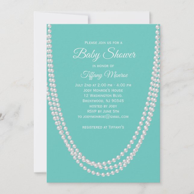 Turkos och Pearls Baby Shower Inbjudan vit (Framsida)