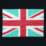 Turkos och röd Union Jack Kökshandduk<br><div class="desc">Turkos och rött mönster baserat på korsen i Union Jack.</div>