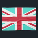 Turkos och röd Union Jack Kökshandduk<br><div class="desc">Turkos och rött mönster baserat på korsen i Union Jack.</div>