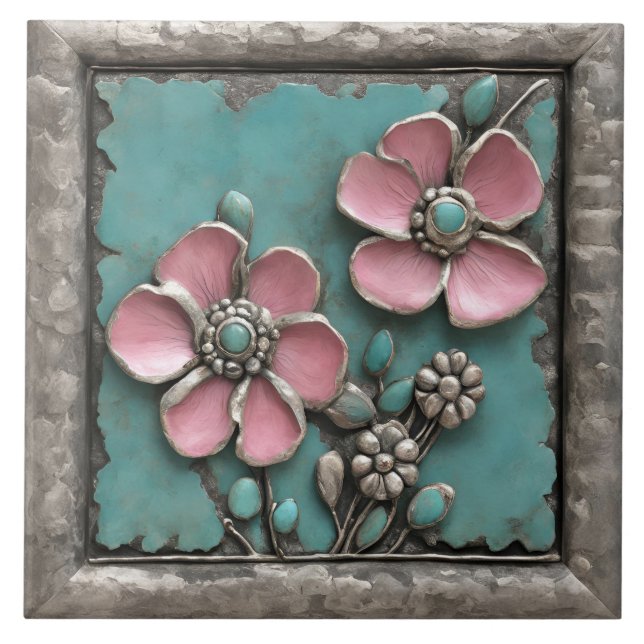 Turkos och rosa blomsterkonst med silverram kakelplatta (Framsidan)