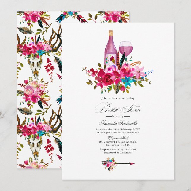 Turkos och Rosa Boho Chic Vin Möhippa Inbjudningar (Fram/baksida)