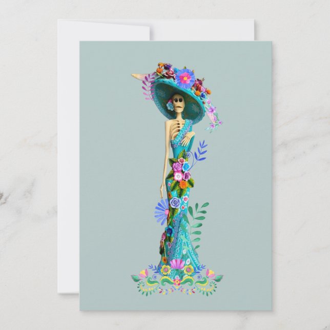 Turkos och rosa Día de Muertos Elegant Catrina Julkort (Framsida)