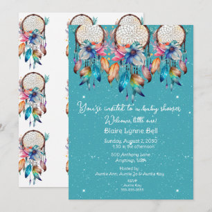 Turkos och Rosa Dreamcatcher Girl Baby Shower Inbjudningar