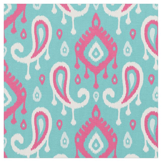 Turkos och Rosa Ikat Paisley Tyg (Närbild)