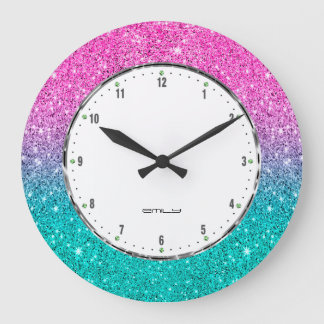 Turkos och shock rosa faux glitter ombre stor klocka