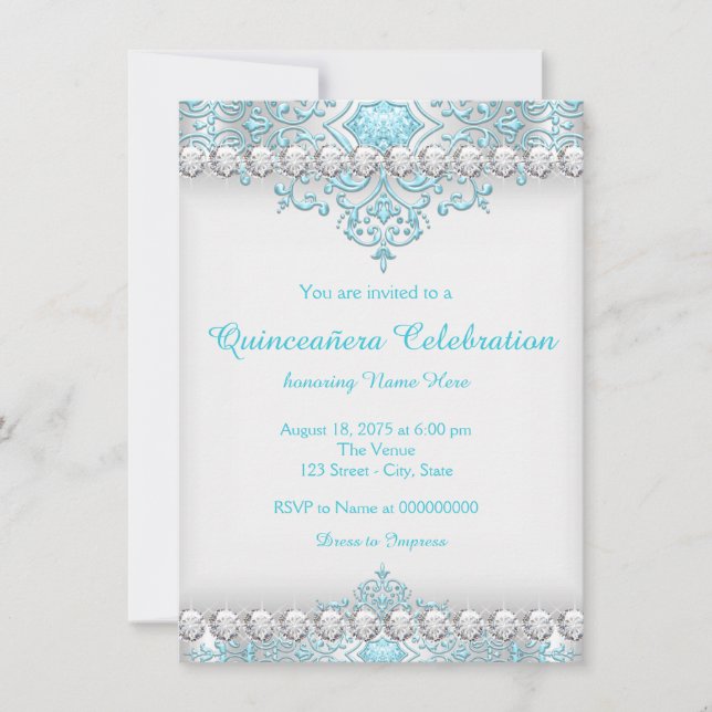 Turkos och silver diamant Quinceanera Inbjudningar (Framsida)