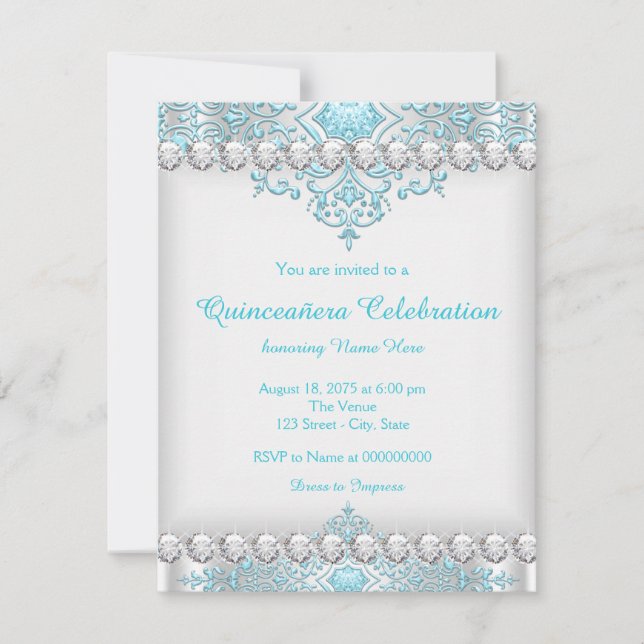 Turkos och silver diamant Quinceanera Inbjudningar (Framsida)