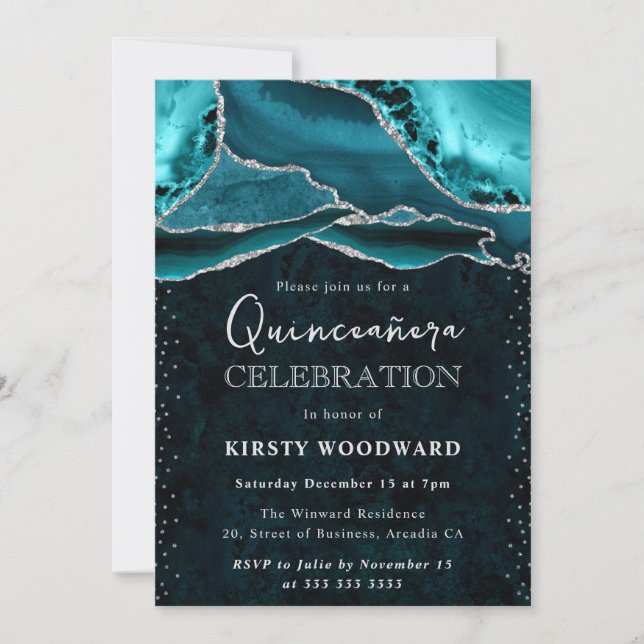 Turkos och Silver Glitter Agate Quinceanera Inbjudningar (Framsida)