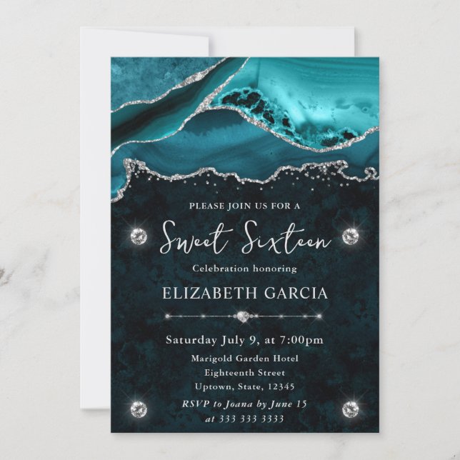 Turkos och Silver Glitter Agate Sweet 16 Inbjudningar (Framsida)